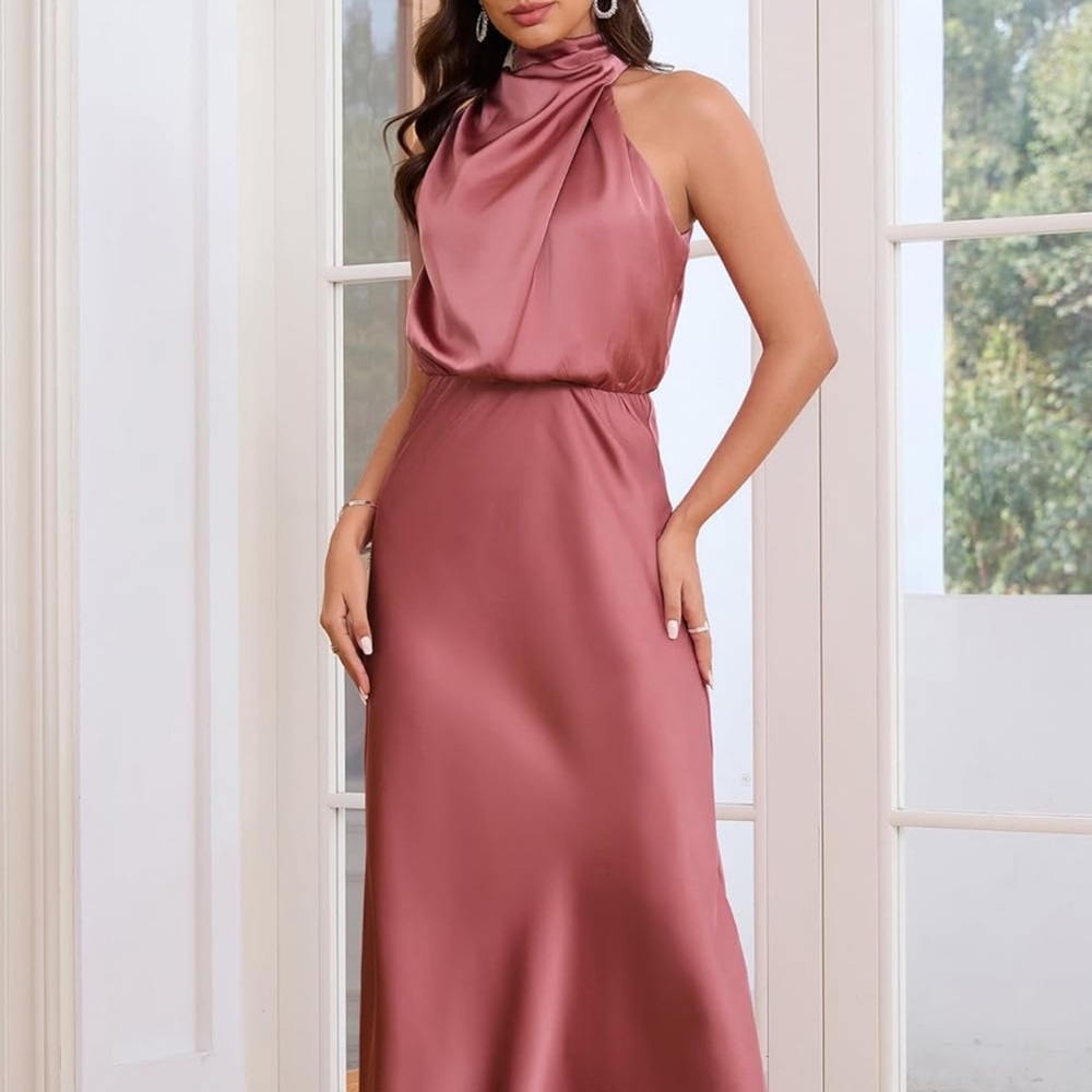 Women's Summer Satin Dress Formal Sleeveless Mock Neck Maxi Dresses Baked Rose